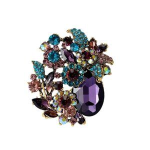 Floral Crystal Cluster Brooch Purple & Teal Rhinestones Gold-Tone
